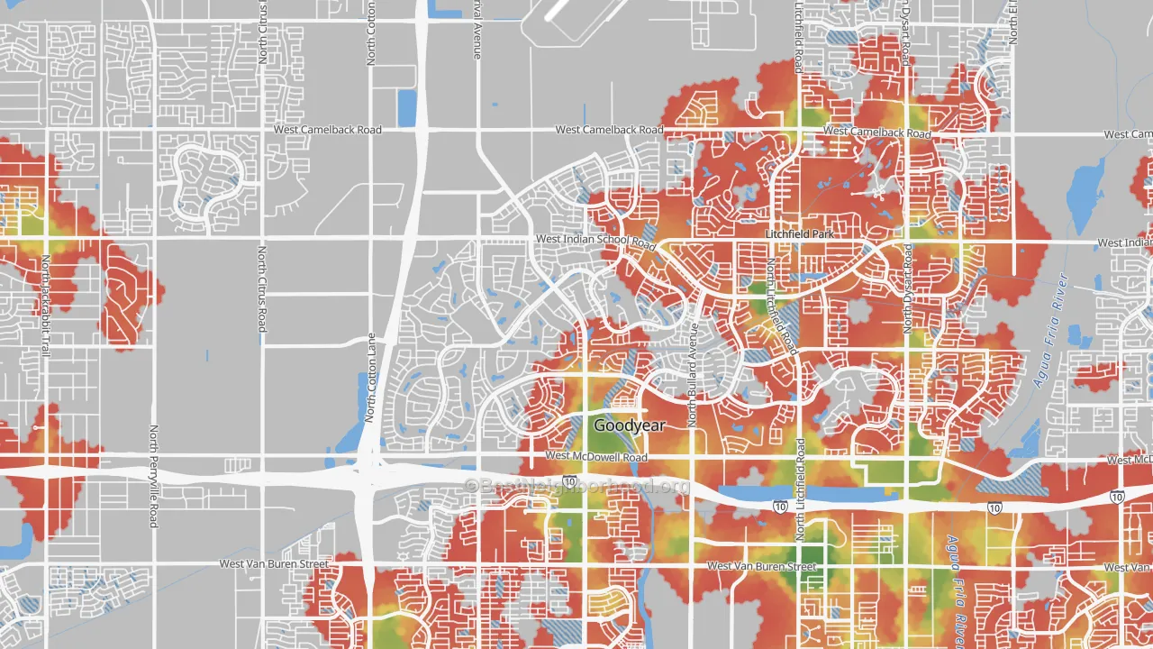 Walk Grade map of 85395, AZ, walkable areas in green and car-dependent areas in red