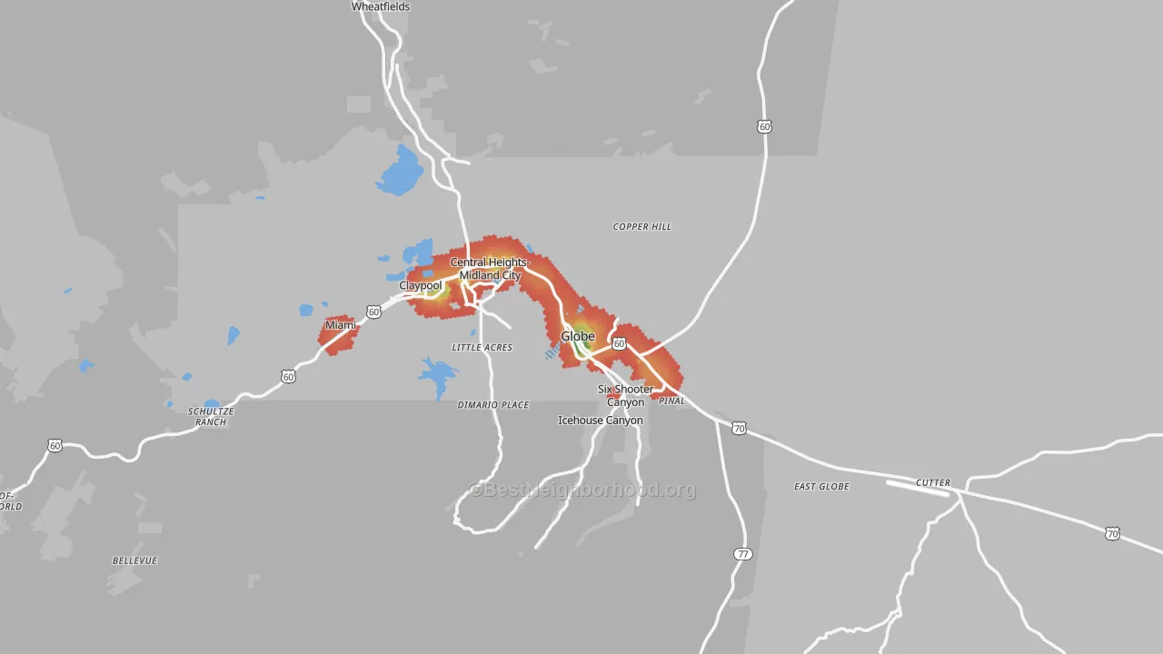 Walk Grade map of 85501, AZ, walkable areas in green and car-dependent areas in red
