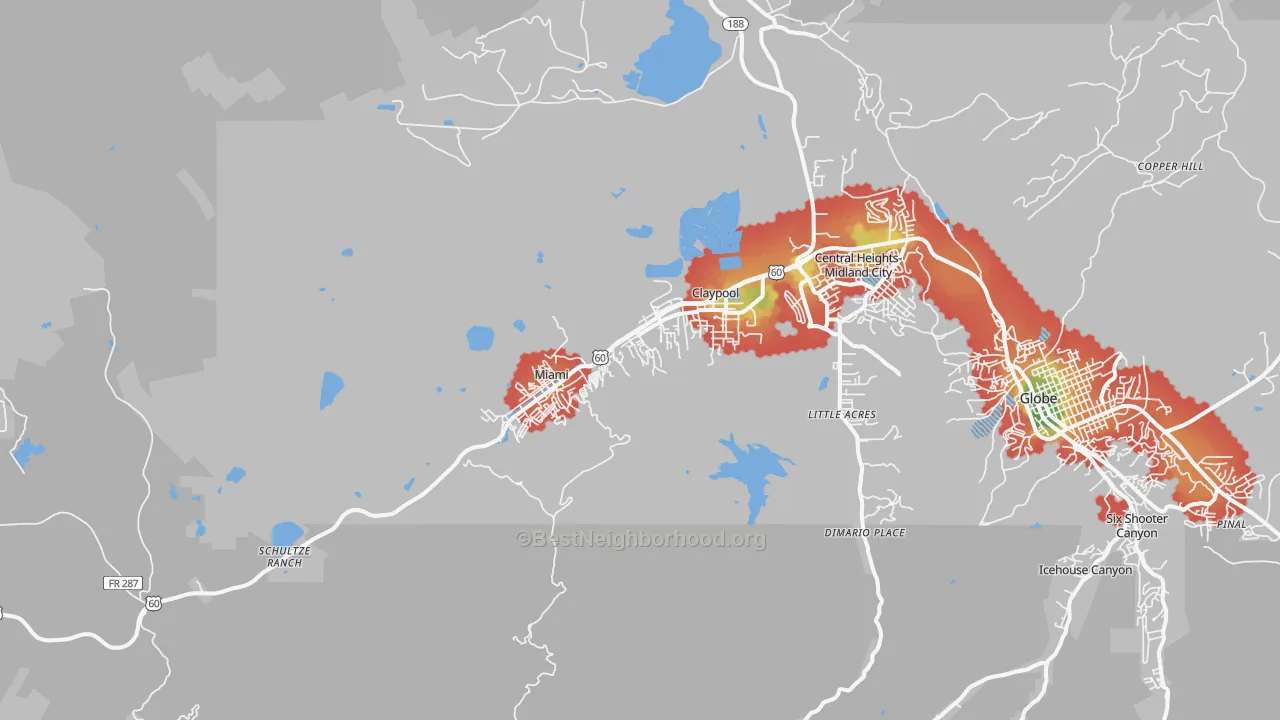 Walk Grade map of 85539, AZ, walkable areas in green and car-dependent areas in red