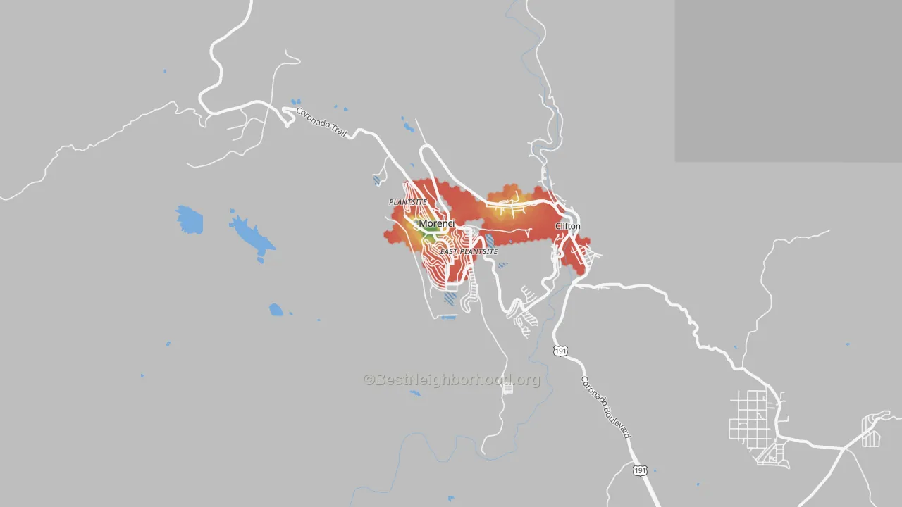 Walk Grade map of 85540, AZ, walkable areas in green and car-dependent areas in red