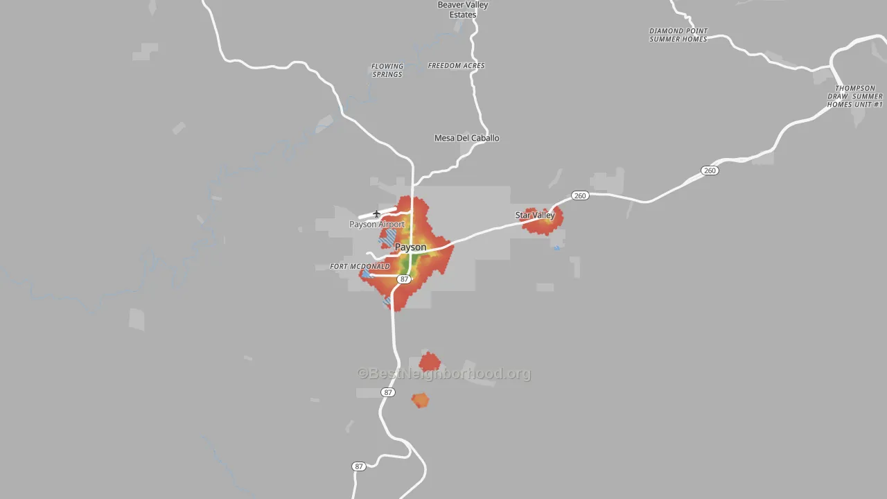 Walk Grade map of 85541, AZ, walkable areas in green and car-dependent areas in red