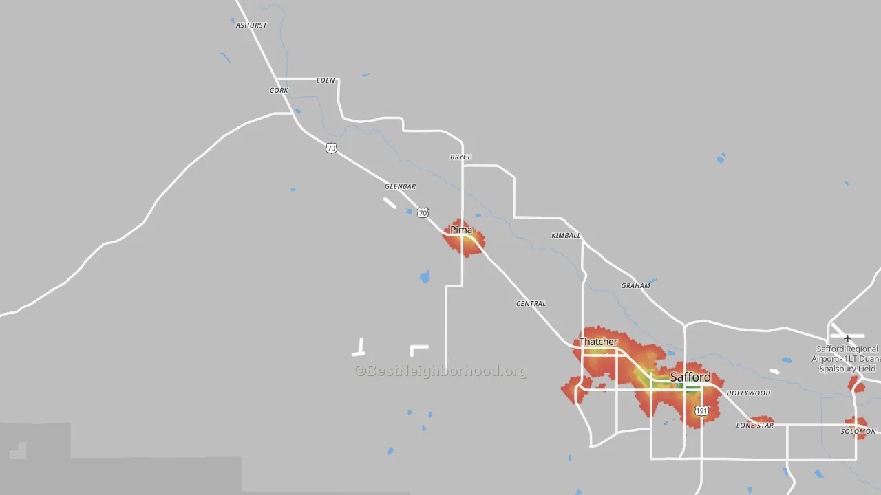 Walk Grade map of 85543, AZ, walkable areas in green and car-dependent areas in red