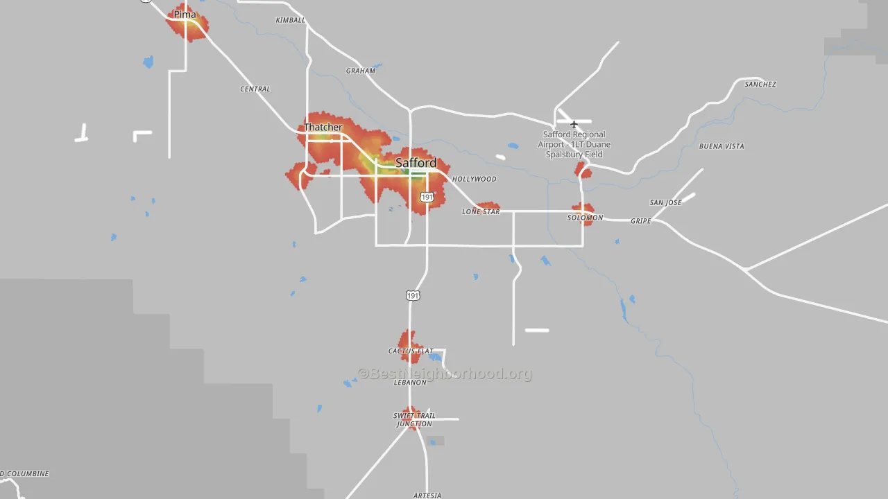 Walk Grade map of 85546, AZ, walkable areas in green and car-dependent areas in red