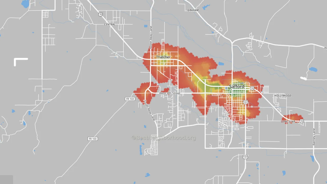 Walk Grade map of 85552, AZ, walkable areas in green and car-dependent areas in red