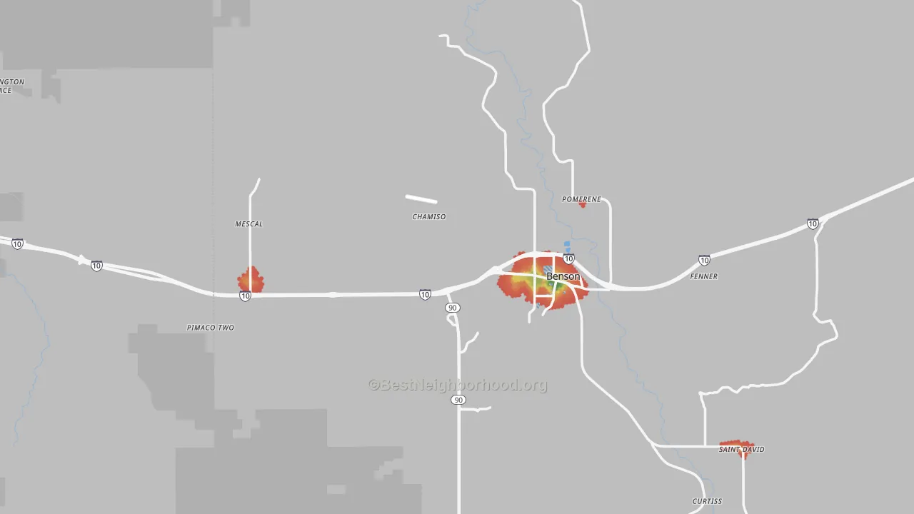 Walk Grade map of 85602, AZ, walkable areas in green and car-dependent areas in red