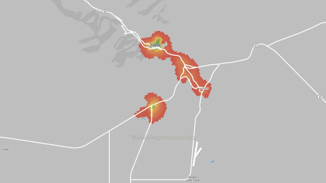 Walk Grade map of 85603, AZ, walkable areas in green and car-dependent areas in red