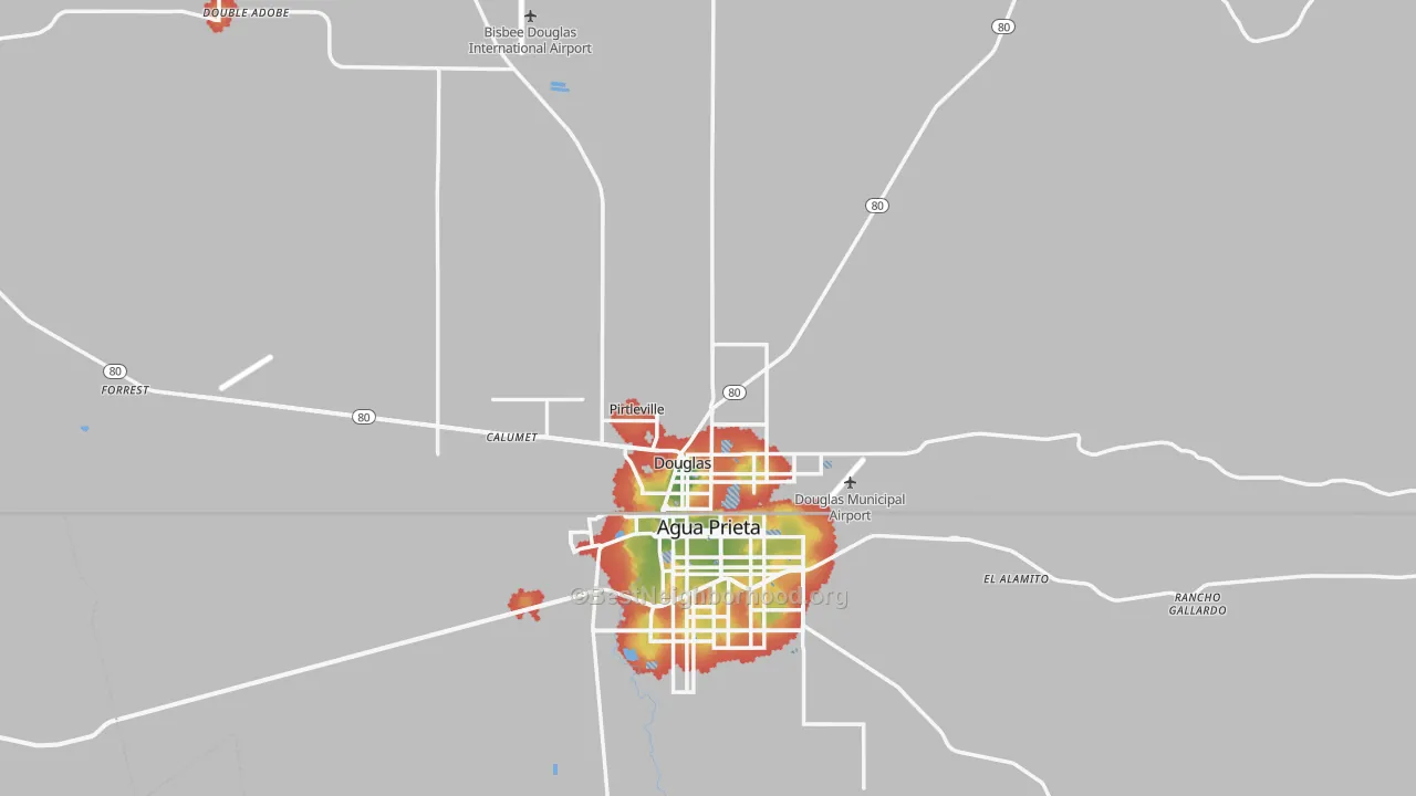 Walk Grade map of 85607, AZ, walkable areas in green and car-dependent areas in red