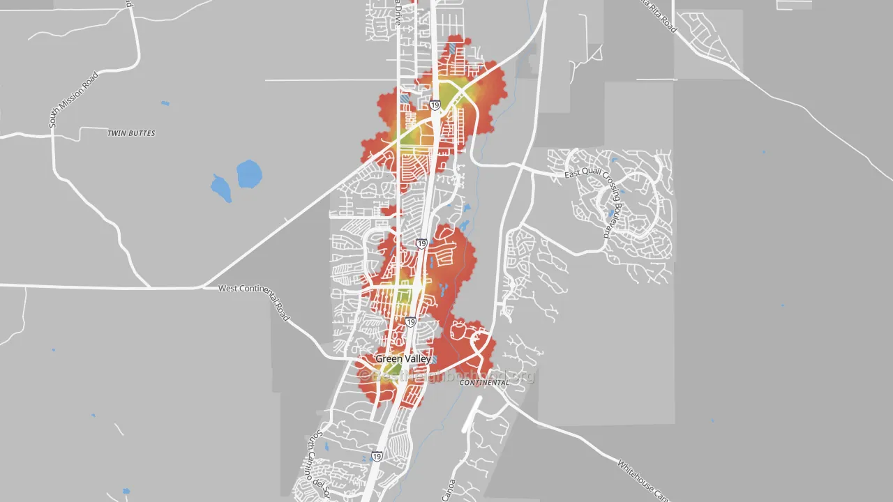Walk Grade map of 85614, AZ, walkable areas in green and car-dependent areas in red
