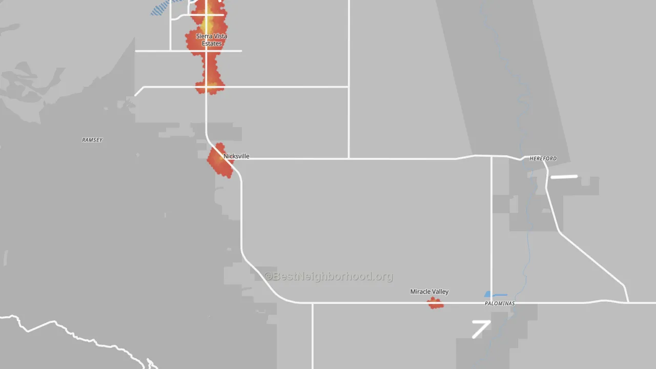 Walk Grade map of 85615, AZ, walkable areas in green and car-dependent areas in red