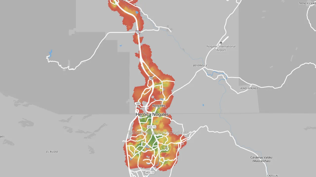 Walk Grade map of 85621, AZ, walkable areas in green and car-dependent areas in red