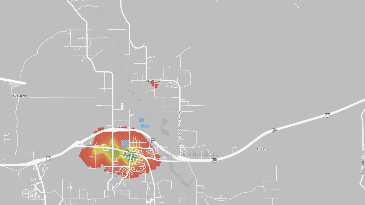 Walk Grade map of 85627, AZ, walkable areas in green and car-dependent areas in red