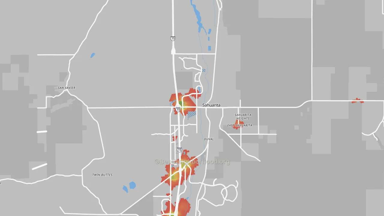 Walk Grade map of 85629, AZ, walkable areas in green and car-dependent areas in red