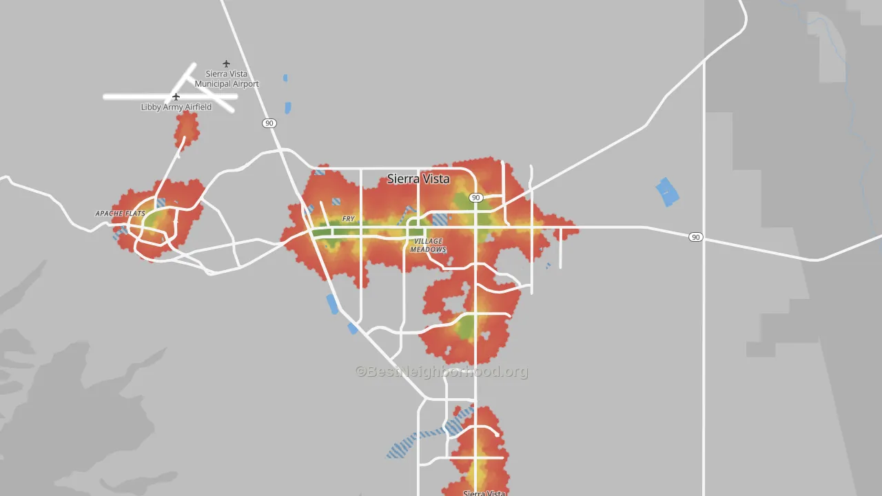 Walk Grade map of 85635, AZ, walkable areas in green and car-dependent areas in red