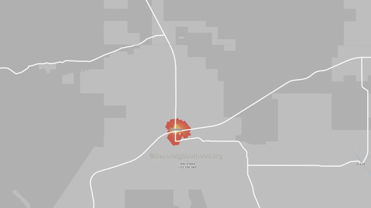Walk Grade map of 85637, AZ, walkable areas in green and car-dependent areas in red