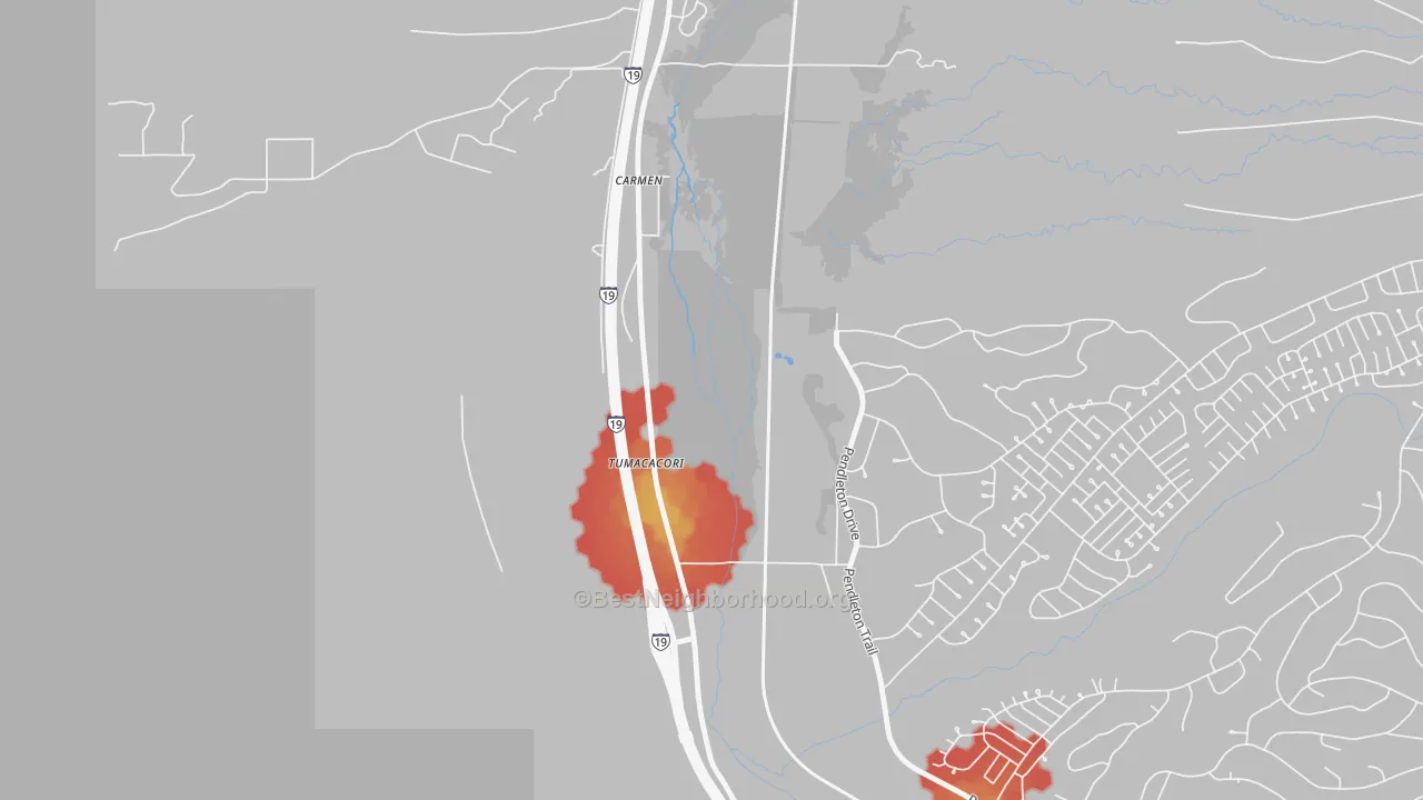 Walk Grade map of 85640, AZ, walkable areas in green and car-dependent areas in red