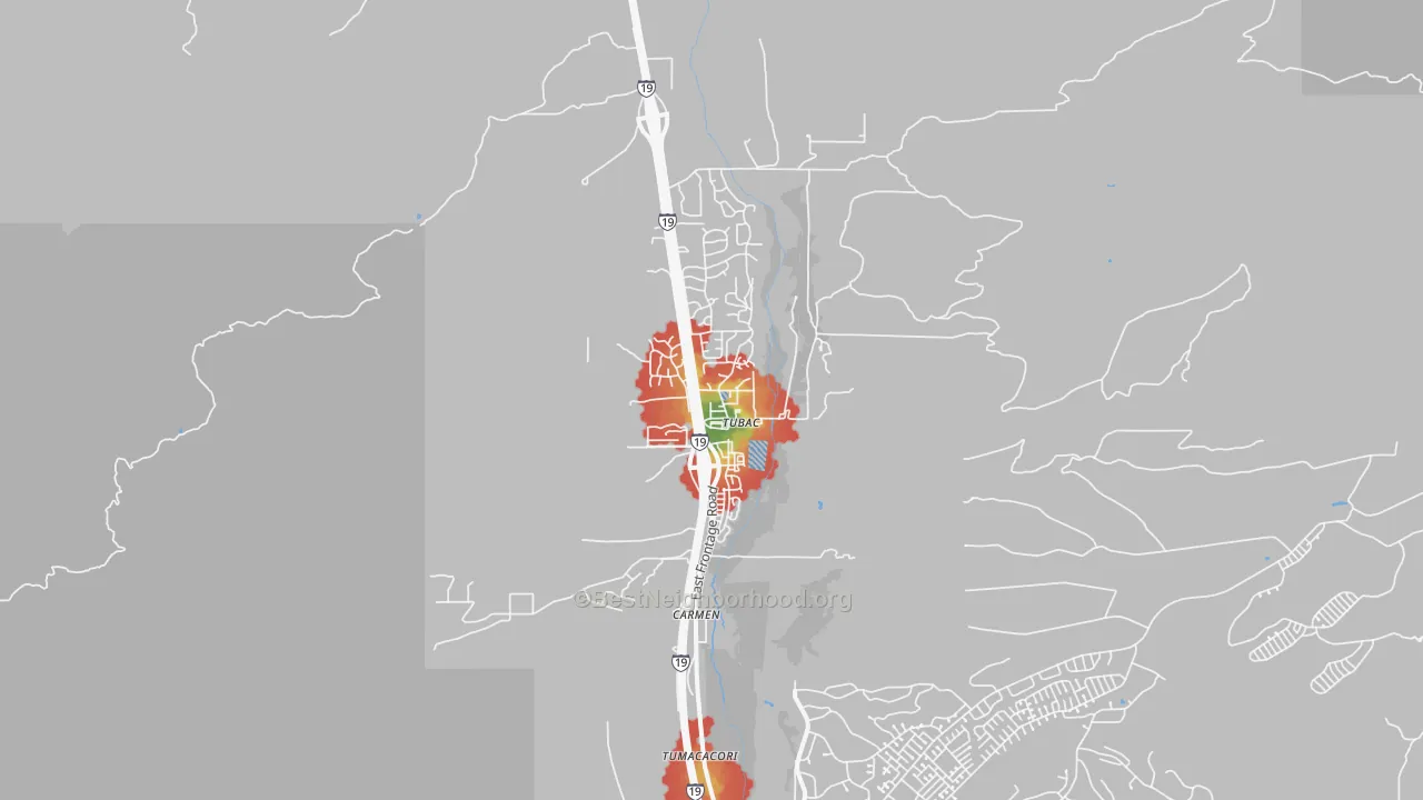 Walk Grade map of 85646, AZ, walkable areas in green and car-dependent areas in red