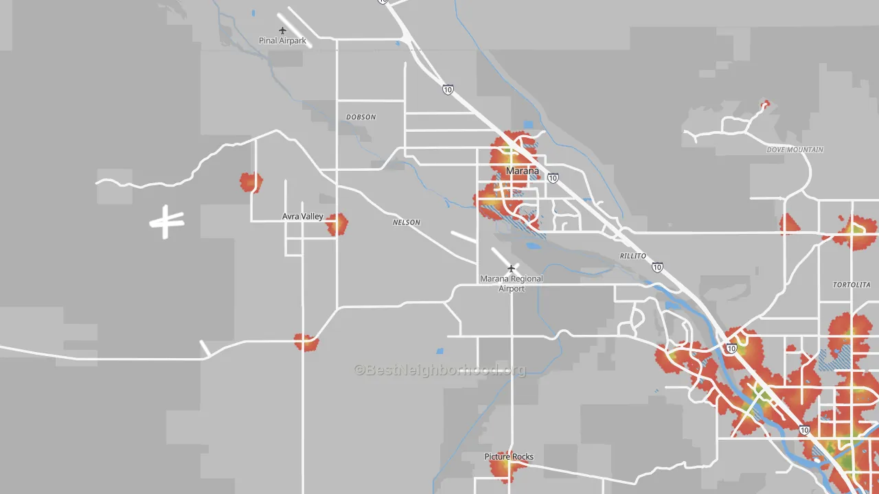 Walk Grade map of 85653, AZ, walkable areas in green and car-dependent areas in red