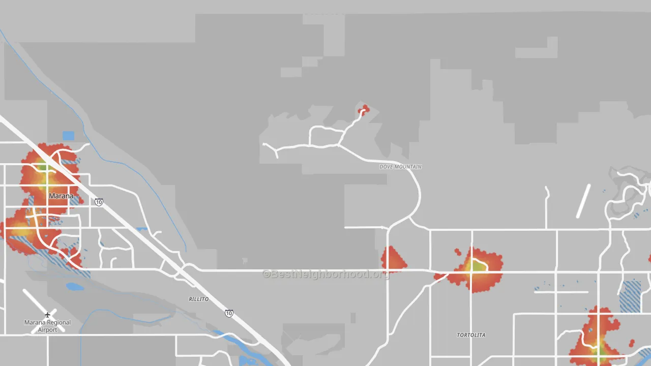 Walk Grade map of 85658, AZ, walkable areas in green and car-dependent areas in red