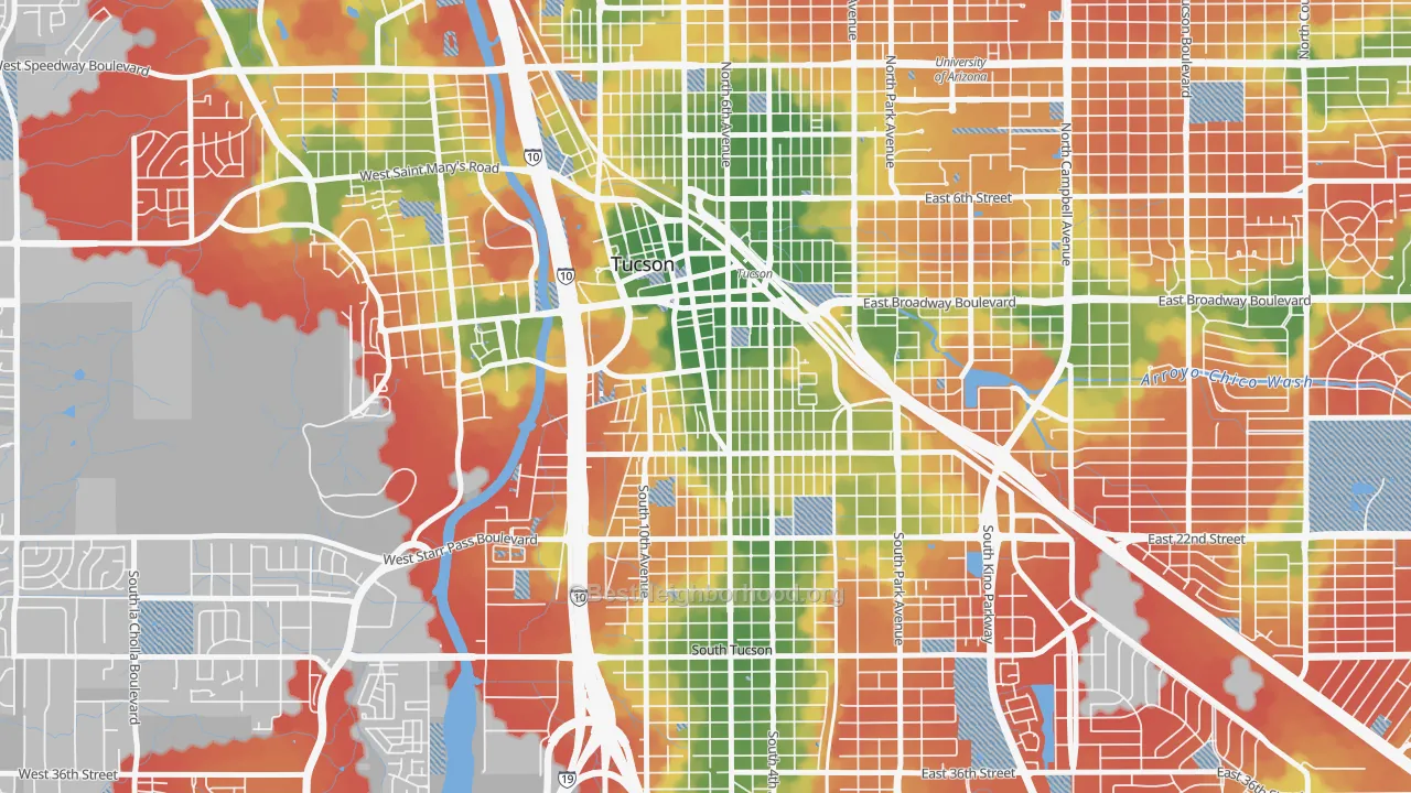 Walk Grade map of 85701, AZ, walkable areas in green and car-dependent areas in red