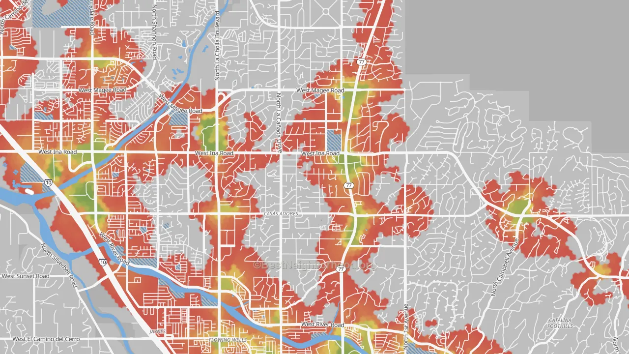 Walk Grade map of 85704, AZ, walkable areas in green and car-dependent areas in red