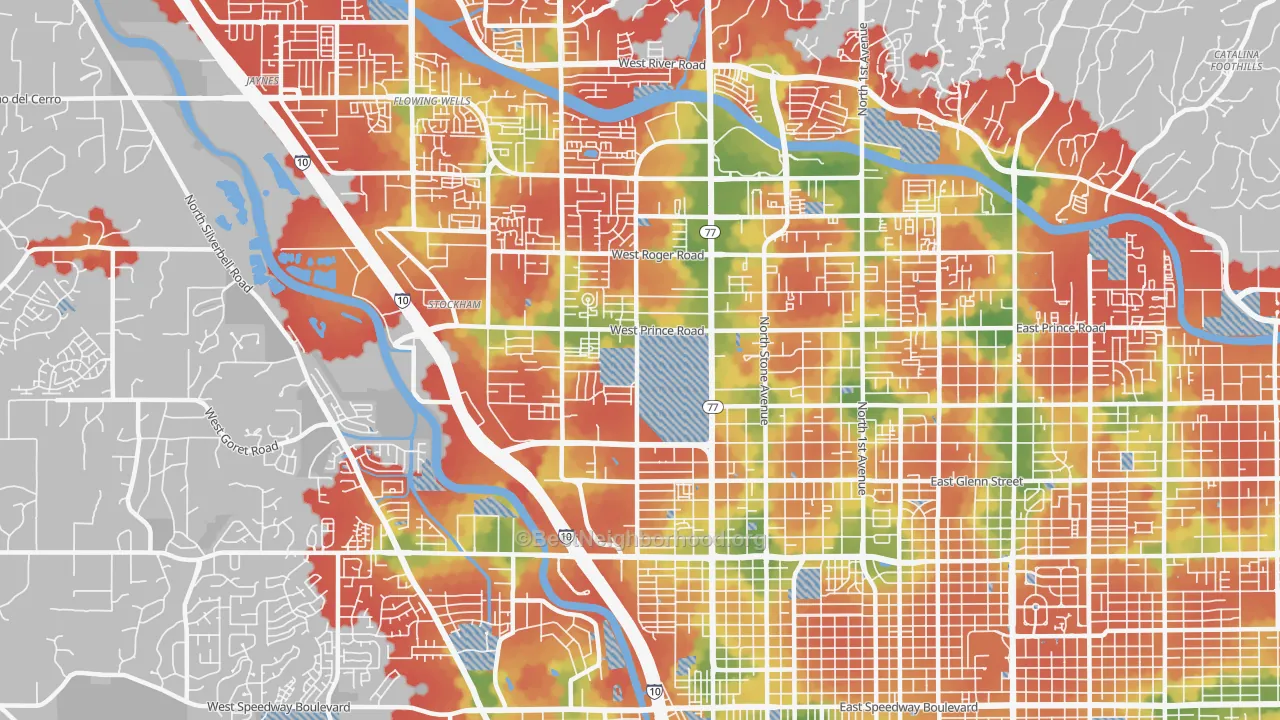 Walk Grade map of 85705, AZ, walkable areas in green and car-dependent areas in red