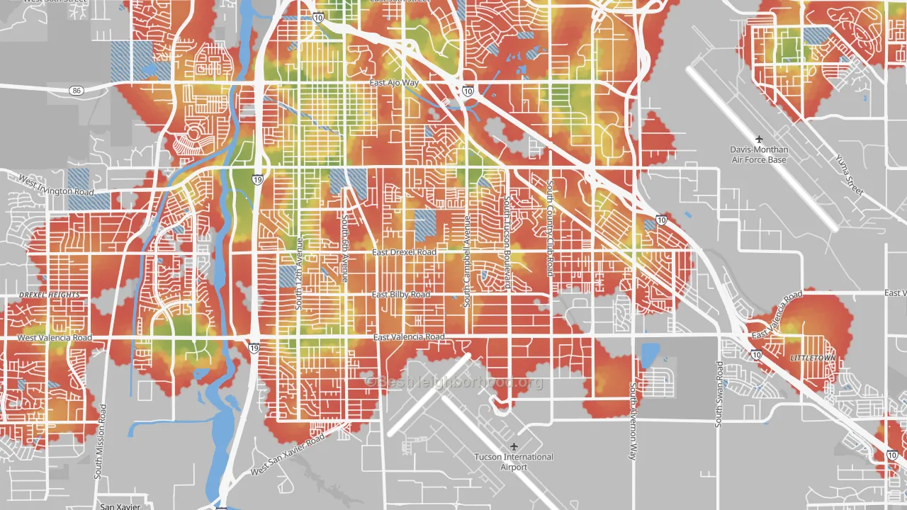 Walk Grade map of 85706, AZ, walkable areas in green and car-dependent areas in red