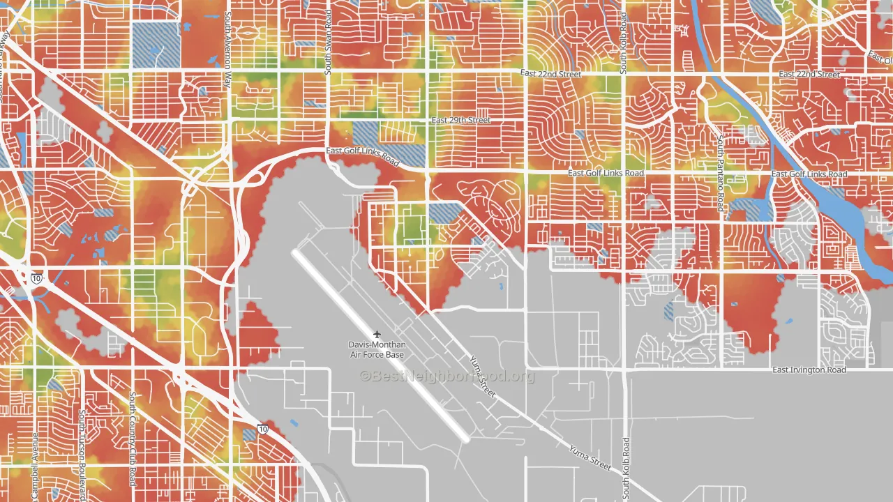 Walk Grade map of 85707, AZ, walkable areas in green and car-dependent areas in red