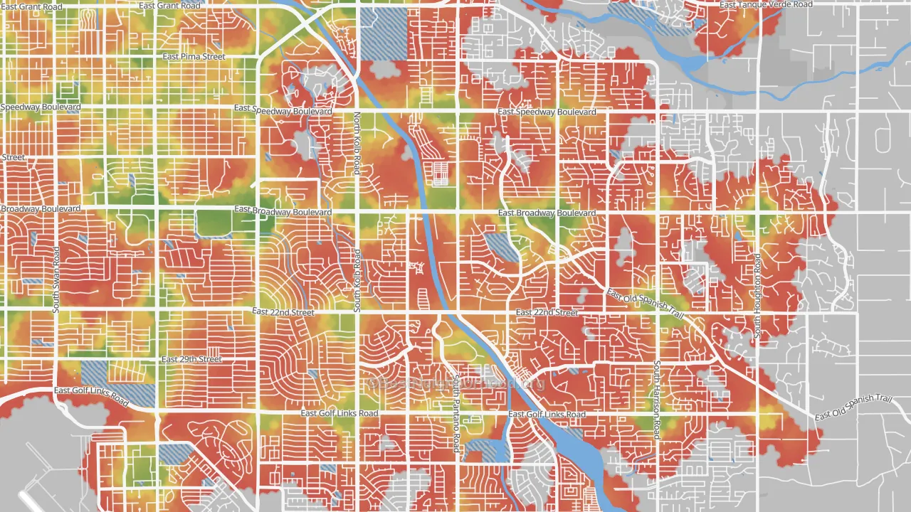 Walk Grade map of 85710, AZ, walkable areas in green and car-dependent areas in red