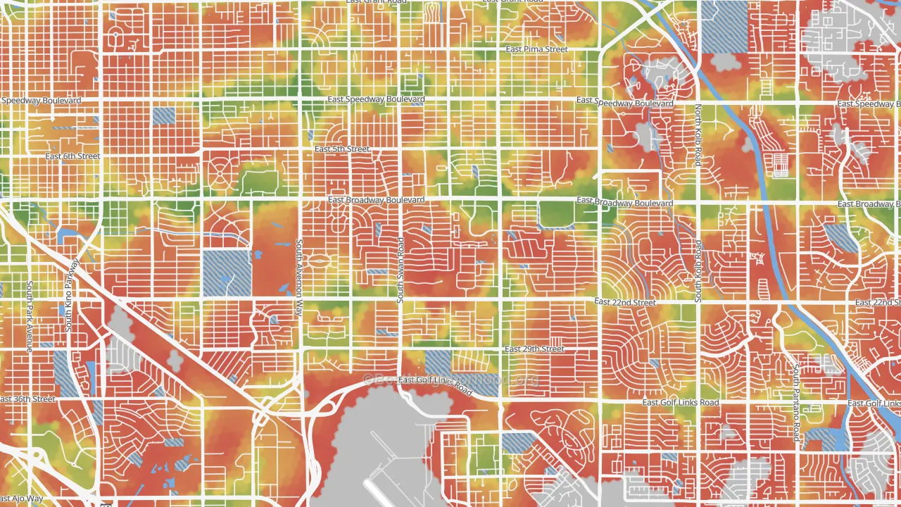 Walk Grade map of 85711, AZ, walkable areas in green and car-dependent areas in red