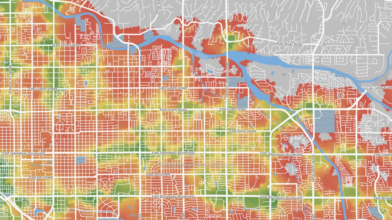 Walk Grade map of 85712, AZ, walkable areas in green and car-dependent areas in red