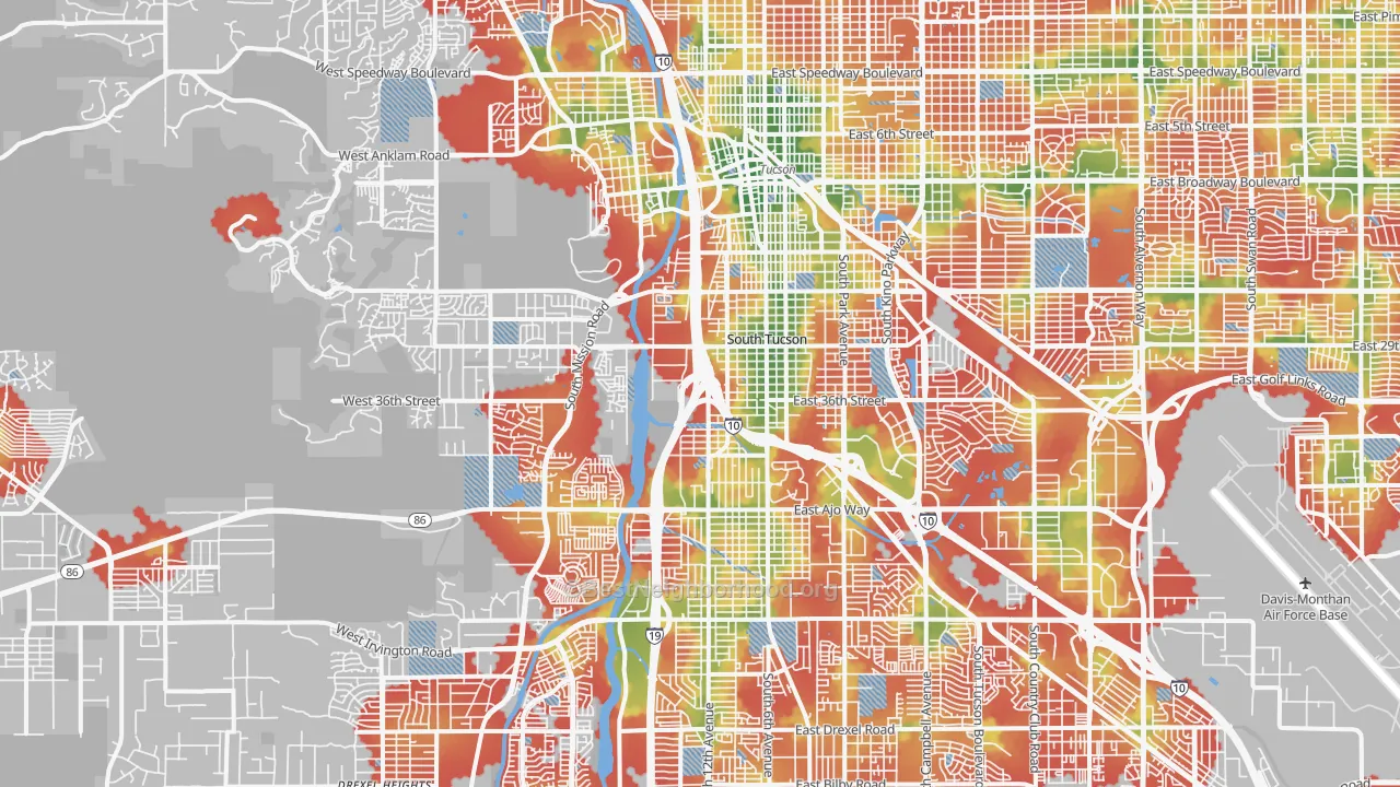 Walk Grade map of 85713, AZ, walkable areas in green and car-dependent areas in red