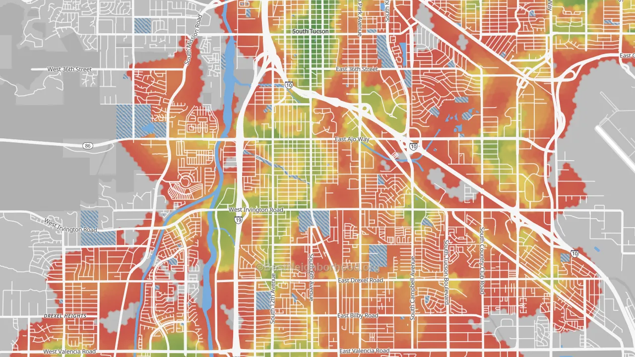 Walk Grade map of 85714, AZ, walkable areas in green and car-dependent areas in red