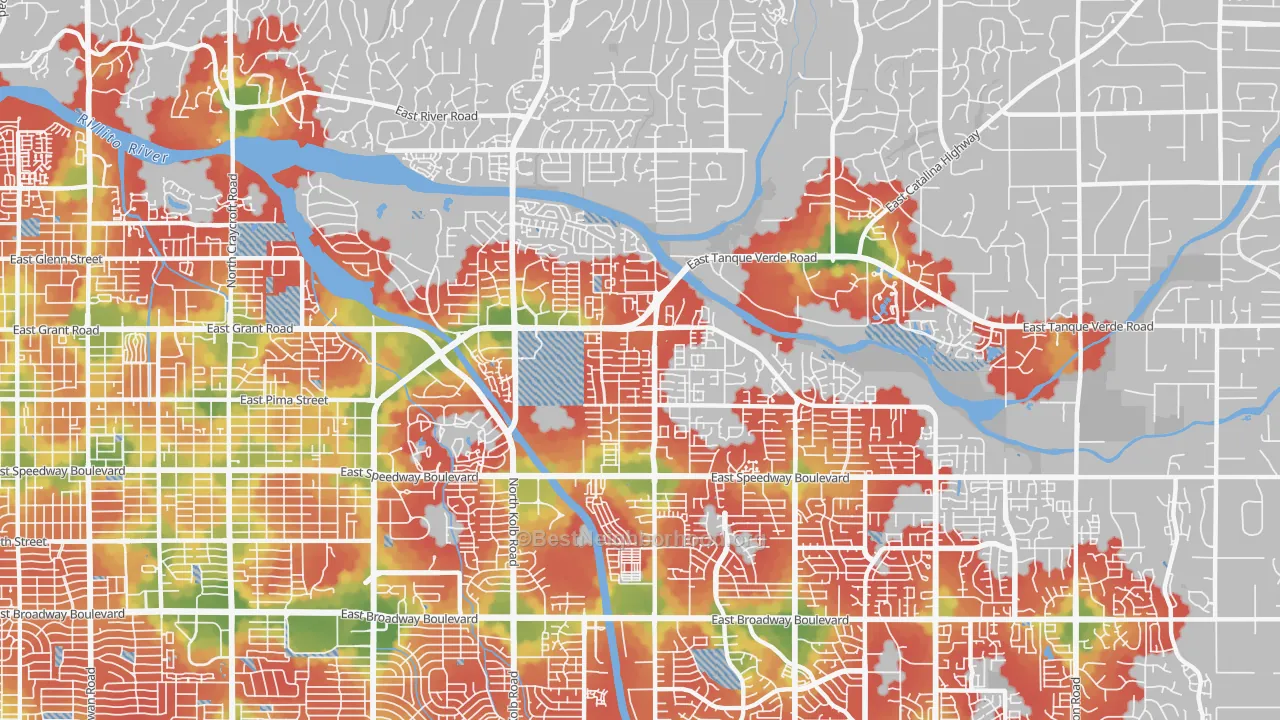 Walk Grade map of 85715, AZ, walkable areas in green and car-dependent areas in red