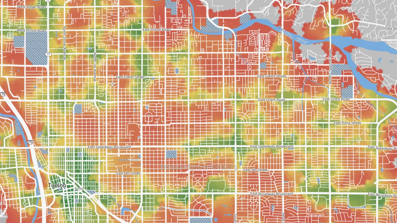 Walk Grade map of 85716, AZ, walkable areas in green and car-dependent areas in red