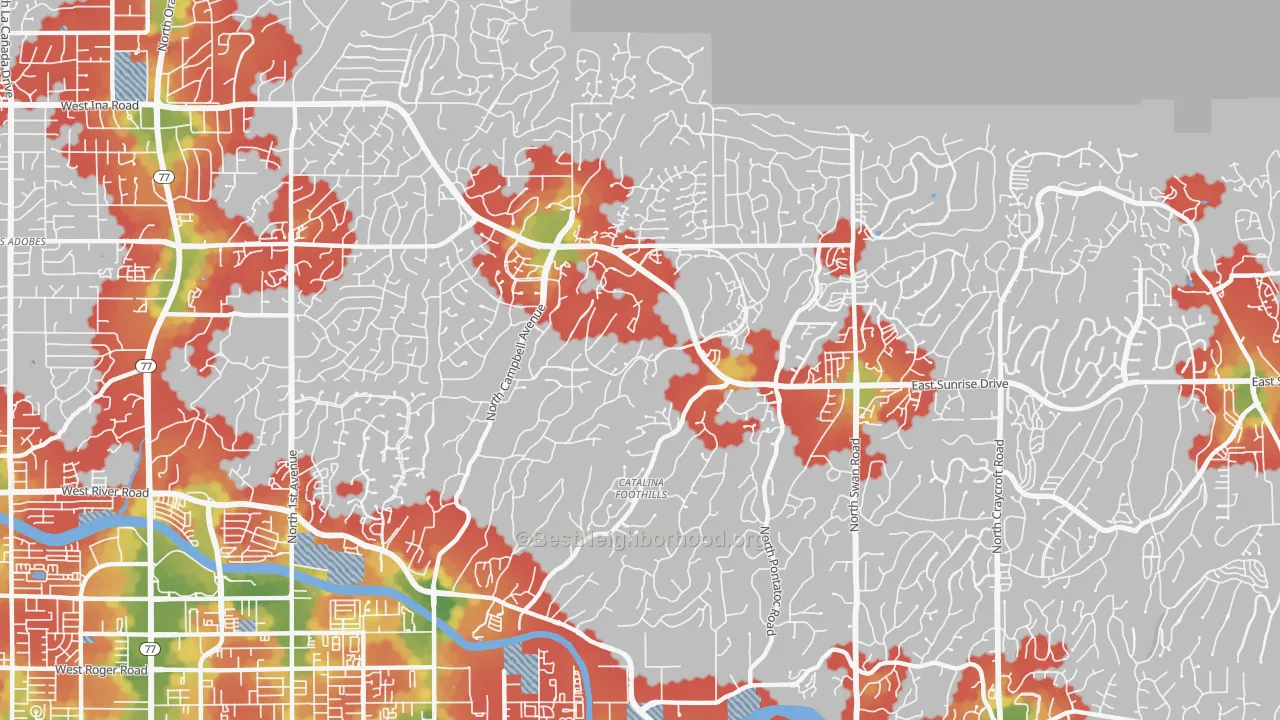 Walk Grade map of 85718, AZ, walkable areas in green and car-dependent areas in red