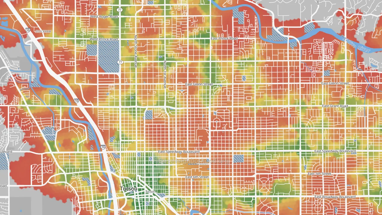 Walk Grade map of 85719, AZ, walkable areas in green and car-dependent areas in red