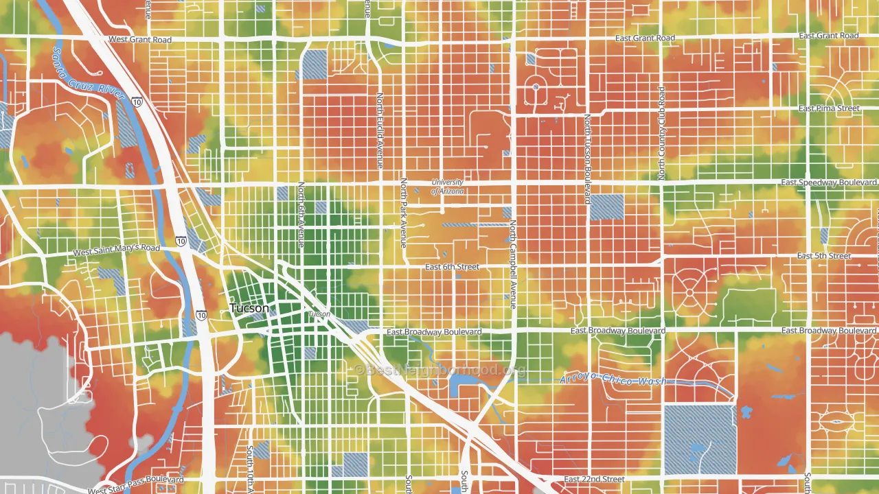 Walk Grade map of 85721, AZ, walkable areas in green and car-dependent areas in red