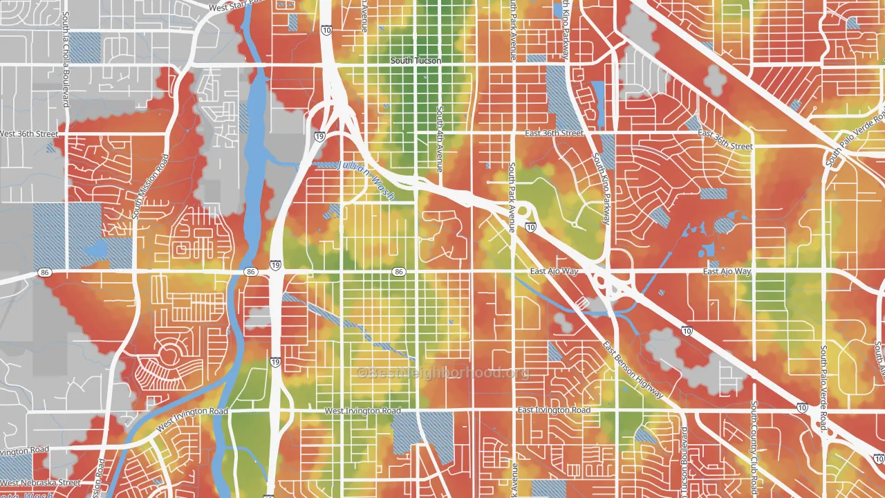 Walk Grade map of 85723, AZ, walkable areas in green and car-dependent areas in red