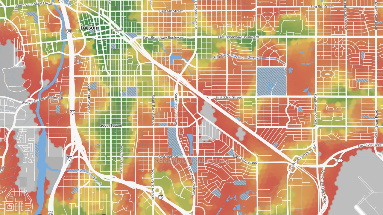 Walk Grade map of 85726, AZ, walkable areas in green and car-dependent areas in red