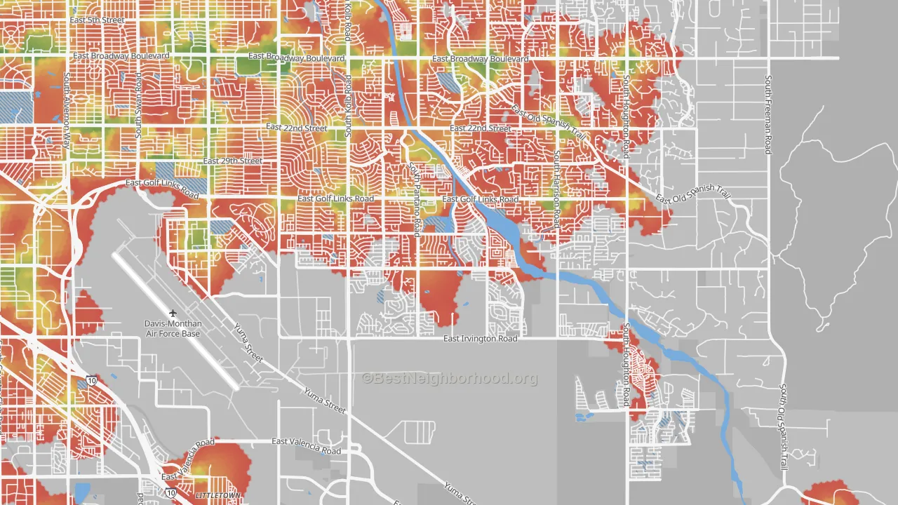 Walk Grade map of 85730, AZ, walkable areas in green and car-dependent areas in red