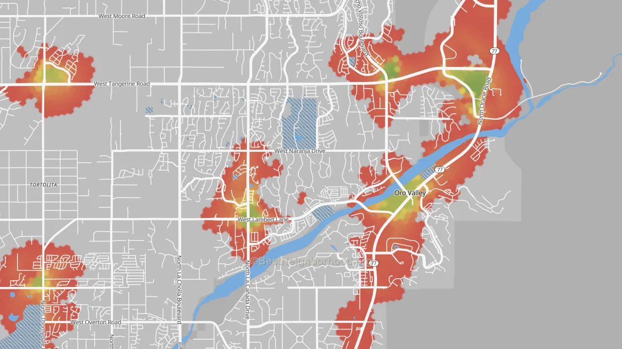 Walk Grade map of 85737, AZ, walkable areas in green and car-dependent areas in red