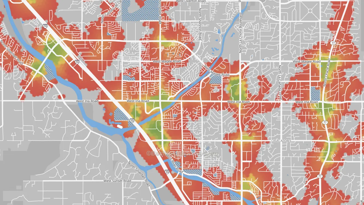 Walk Grade map of 85741, AZ, walkable areas in green and car-dependent areas in red