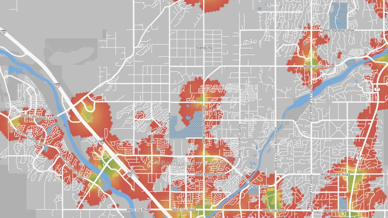 Walk Grade map of 85742, AZ, walkable areas in green and car-dependent areas in red