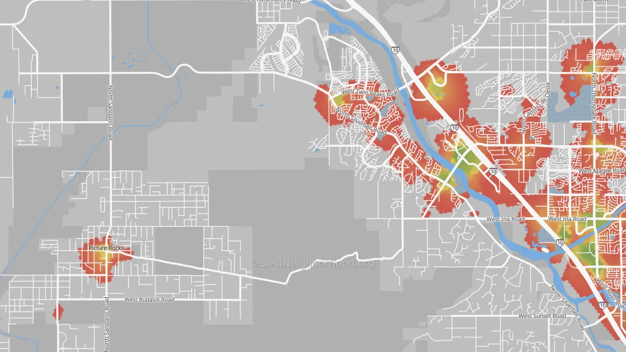 Walk Grade map of 85743, AZ, walkable areas in green and car-dependent areas in red