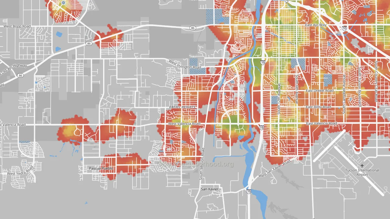 Walk Grade map of 85746, AZ, walkable areas in green and car-dependent areas in red