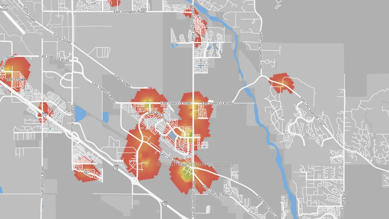 Walk Grade map of 85747, AZ, walkable areas in green and car-dependent areas in red