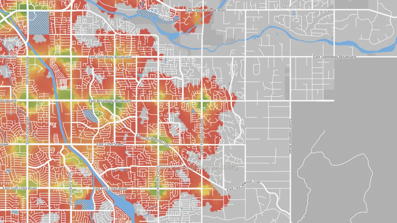 Walk Grade map of 85748, AZ, walkable areas in green and car-dependent areas in red