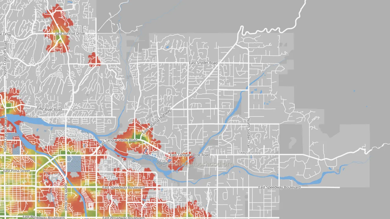 Walk Grade map of 85749, AZ, walkable areas in green and car-dependent areas in red