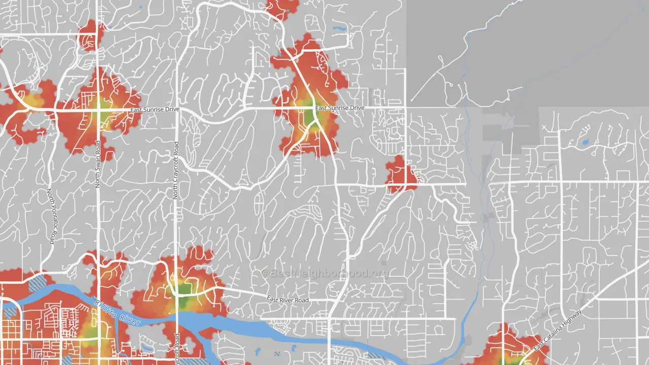 Walk Grade map of 85750, AZ, walkable areas in green and car-dependent areas in red