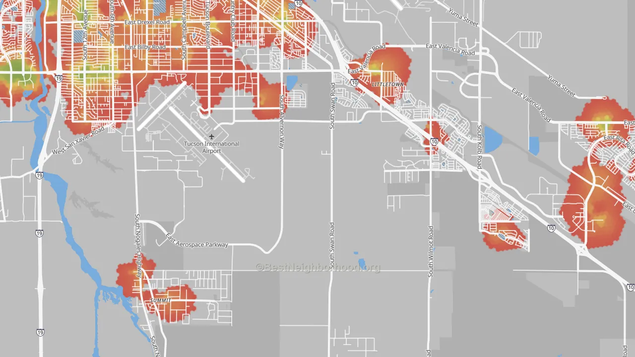 Walk Grade map of 85756, AZ, walkable areas in green and car-dependent areas in red